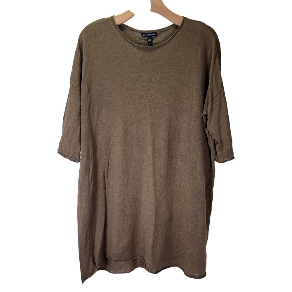 EILEEN FISHER Organic Linen Cotton Slub Tunic Sz M Brown Lagenlook Top Earthy